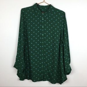 Talbots | Green & Teal Bird Buttoned Blouse